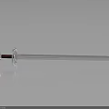 Long Blade Sword With Red And Silver Hilt On Black Smooth Surface With Reflection