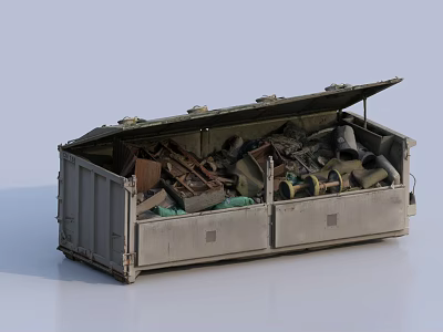 Public Waste Disposal Container With Open Lid Filled With Scrap Metal And Fabrics 3d model