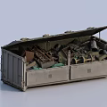 Public Waste Disposal Container With Open Lid Filled With Scrap Metal And Fabrics