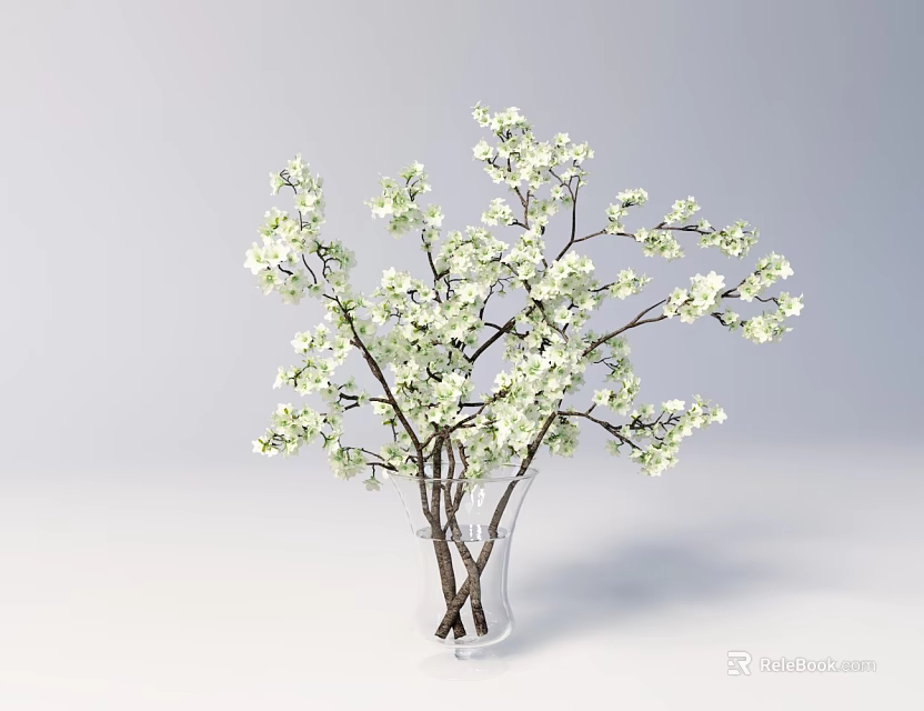 Clear Glass Vase With White Blossom Branches In Minimalist Interior Decor 3d model 