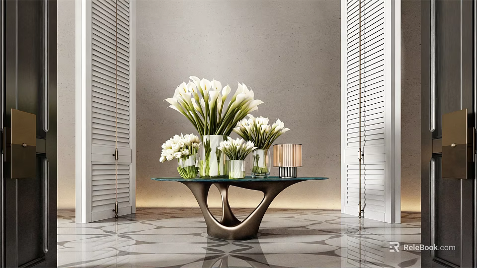 White Calla Lilies in Glass Vases on Modern Metal Base Table with Shutter Doors Interior 3d model 