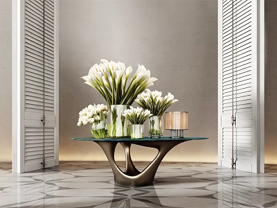 White Calla Lilies in Glass Vases on Modern Metal Base Table with Shutter Doors Interior 3d model