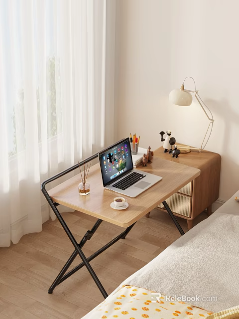 Bright Bedroom With Wooden Desk Laptop Coffee Cup Table Lamp And White Curtains By Window 3d model 