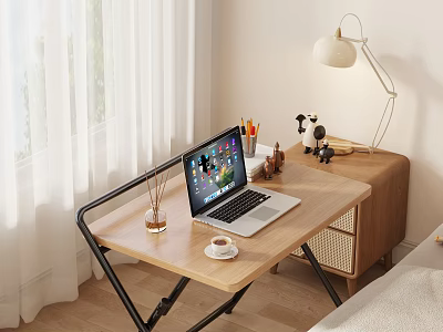 Bright Bedroom With Wooden Desk Laptop Coffee Cup Table Lamp And White Curtains By Window 3d model