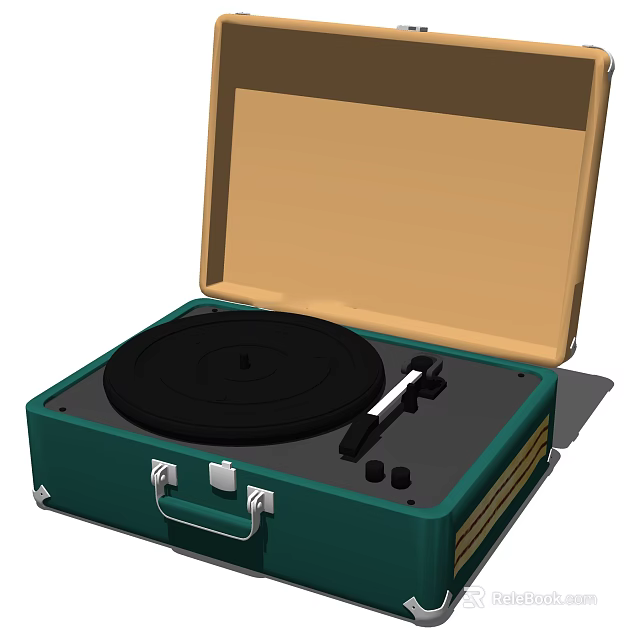 Green Vintage Turntable with Open Lid Black Vinyl Platter and Control Knobs 3d model