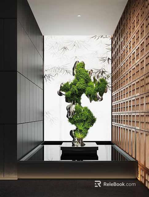 Modern Interior Decorative Sculpture With Green Plants And Bamboo Leaf Design 3d model 