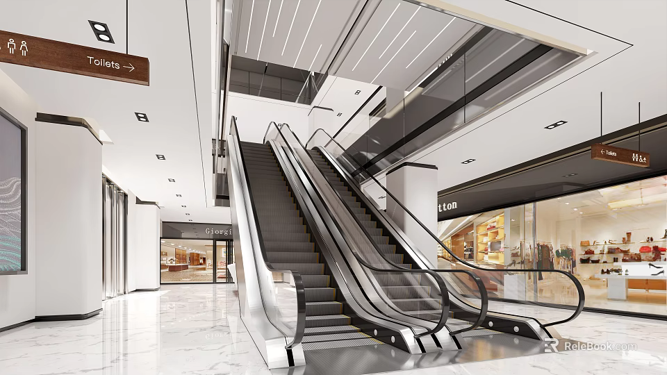 Spacious Modern Shopping Mall Lobby With Escalators Directional Signs And Storefronts 3d model 