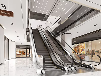Spacious Modern Shopping Mall Lobby With Escalators Directional Signs And Storefronts 3d model