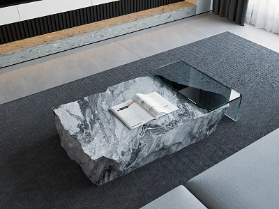Modern Marble Coffee Table With Glass Top And Magazines In Living Room With Gray Sofa 3d model