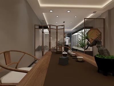 Traditional Chinese Style Reception Space Interior With Wooden Table Chairs Screen Tea Set And Green Plants 3d model