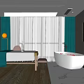 Elegant SPA Interior With Massage Bed White Bathtub Green Curtains Wooden Flooring And Natural Light