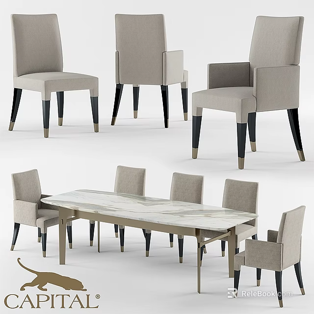 Modern Dining Table Set With Marble Tabletop And Light Gray Chairs 3d model