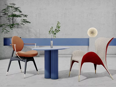 Modern Table And Chair Set With Blue Column Base And Colorful Upholstered Chairs 3d model