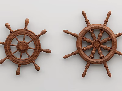 Two Piece Handcrafted Wooden Ship Wheel Decorative Ornament Set for Home Decor 3d model