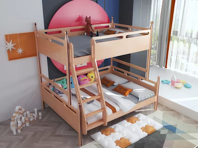 Wooden Bunk Bed with Ladder Pillows in Kids Room with Building Blocks Star Decorations 3d model