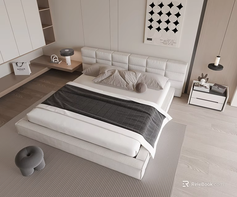Modern Minimalist Double Bed Interior With White Leather Headboard Gray Blanket And Beige Pillows 3d model 