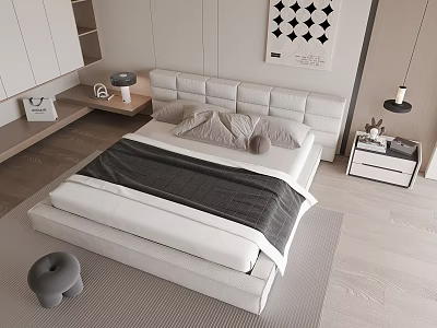 Modern Minimalist Double Bed Interior With White Leather Headboard Gray Blanket And Beige Pillows 3d model
