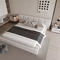 Modern Minimalist Double Bed Interior With White Leather Headboard Gray Blanket And Beige Pillows