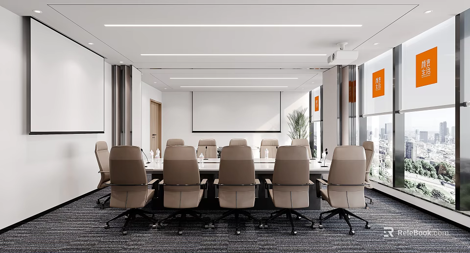 Modern Conference Room Interior With Long Table Beige Chairs And Projection Screen 3d model