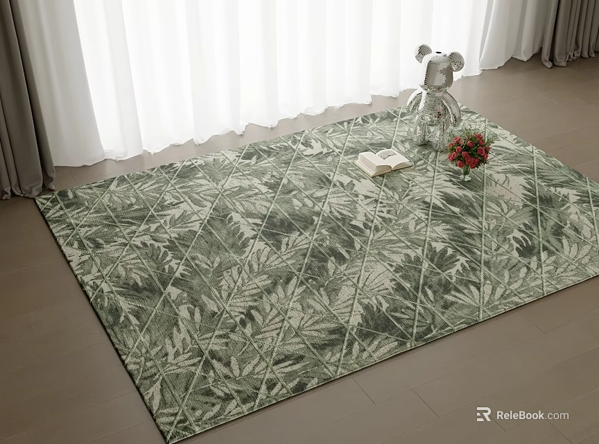 Square Area Rug With Green And White Leaf Geometric Pattern On Wooden Floor 3d model