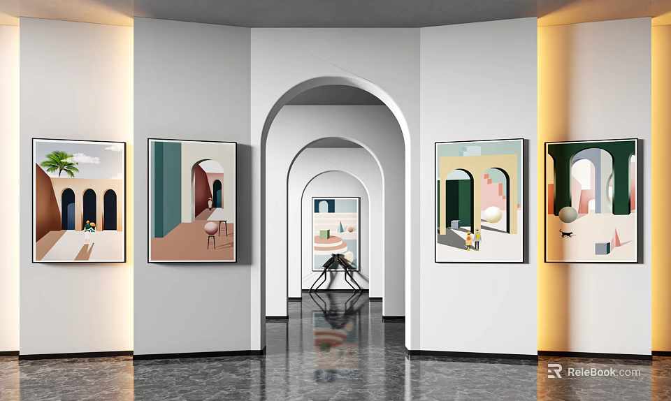 Modern Gallery With Arched Doorways Black Marble Floor And Black Sculpture 3d model 