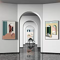 Modern Gallery With Arched Doorways Black Marble Floor And Black Sculpture