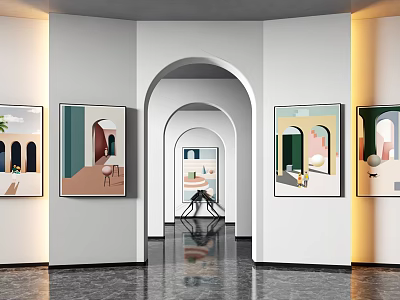 Modern Gallery With Arched Doorways Black Marble Floor And Black Sculpture 3d model
