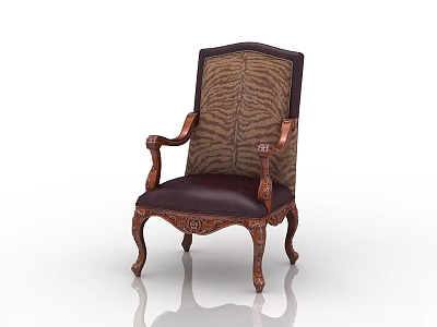 Classic Leisure Chair With Tiger Stripe Back Dark Leather Seat And Carved Wooden Curved Legs 3d model