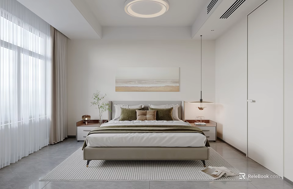 Modern Bedroom With Bed Headboard Painting Nightstands Table Lamp Window Curtains And Round Ceiling Light 3d model 