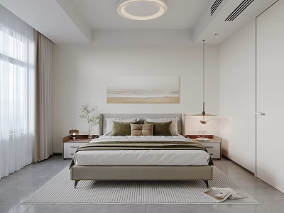 Modern Bedroom With Bed Headboard Painting Nightstands Table Lamp Window Curtains And Round Ceiling Light 3d model