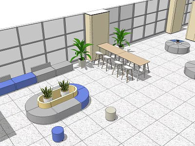 Modern Lounge Area Design With Large Glass Windows Green Plants Wooden Table And Circular Seating 3d model