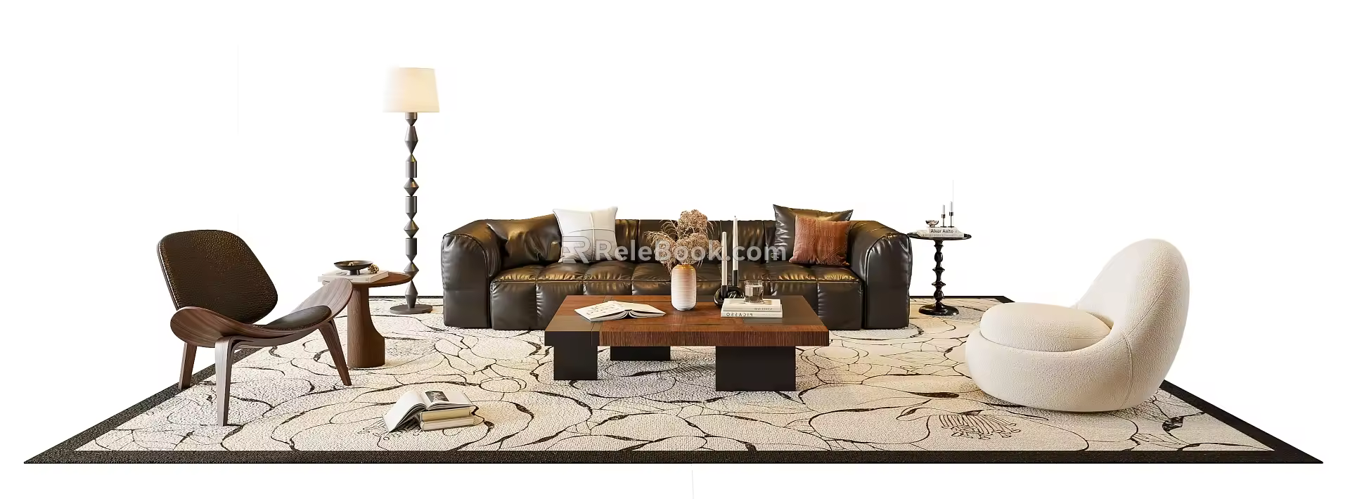Mid-ancient style sofa coffee table combination multi-person sofa leisure sofa floor lamp 3d model