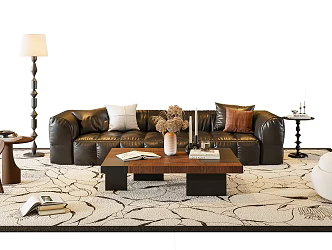 Mid-ancient style sofa coffee table combination multi-person sofa leisure sofa floor lamp 3d model