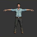 A Man In Blue Shirt With Headphones Stretching Arms Wearing Jeans And Brown Boots