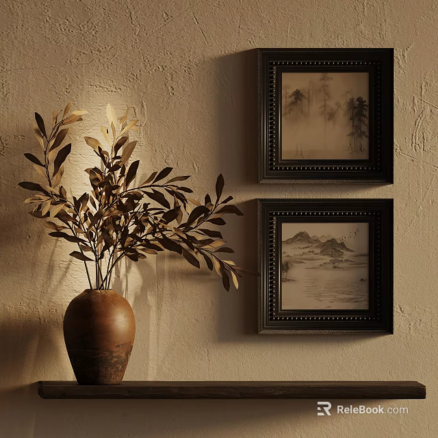 Elegant Interior Decor Featuring Vase With Plant And Framed Landscape Paintings On Wall 3d model 