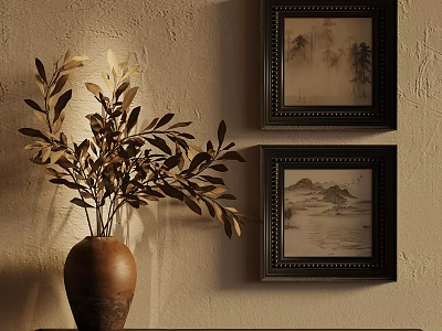 Elegant Interior Decor Featuring Vase With Plant And Framed Landscape Paintings On Wall 3d model
