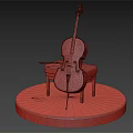 Wooden Cello on Red Circular Platform with Black Chair and Sheet Music