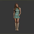 Woman In Green And Blue Patterned Dress With Beige Knee High Boots On Gray Background