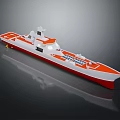 Wooden Boat Model With Orange White Hull Red Bottom On Gray Background With Reflection