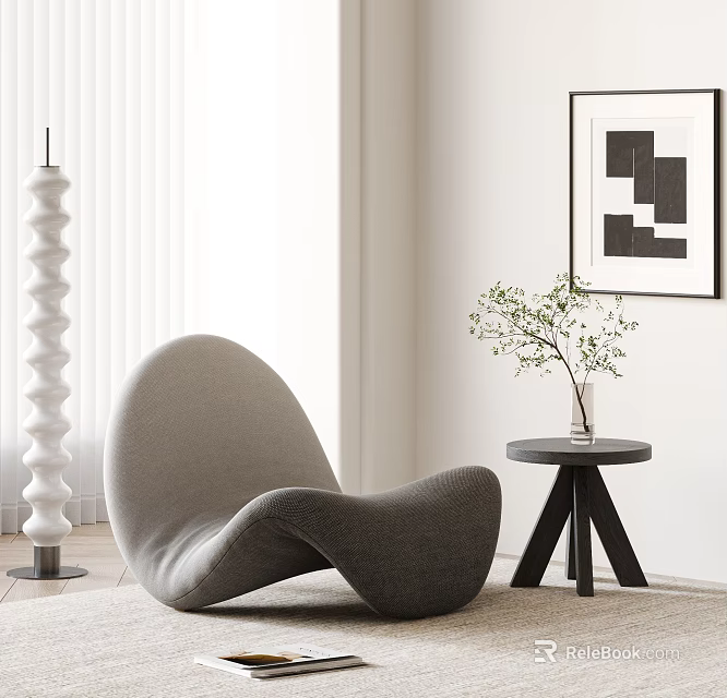 Gray Accent Chair With Side Table Plant White Spiral Floor Lamp Black White Wall Art 3d model 