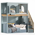 Modern Kids Bunk Bed With Stairs Upper Guardrail Lower Sofa Bed And Pillows