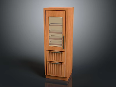 Upright Refrigerator Freezer With Wooden Exterior Glass Door Internal Shelves And Lower Grille Design 3d model
