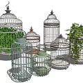 Vintage Birdcage Decorative Ornament Set with Green Plants and Various Styles