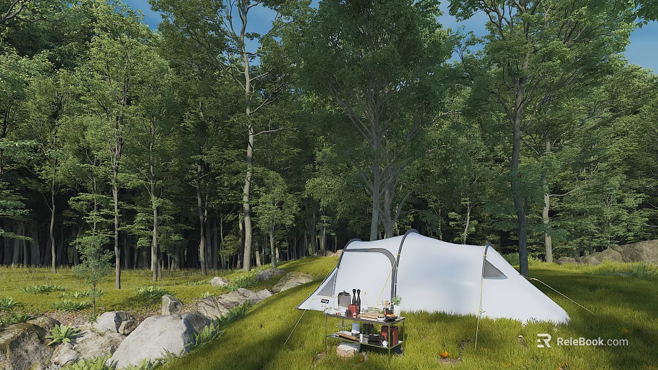 Scenic Forest Landscape With Tall Trees And Lush Greenery White Tent On Grassland Near Rocks 3d model 