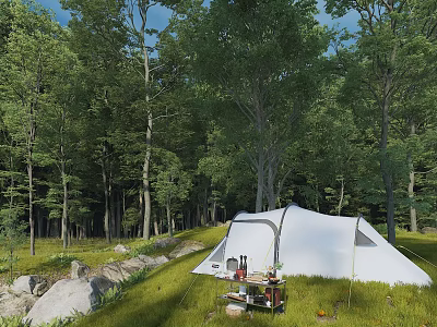 Scenic Forest Landscape With Tall Trees And Lush Greenery White Tent On Grassland Near Rocks 3d model