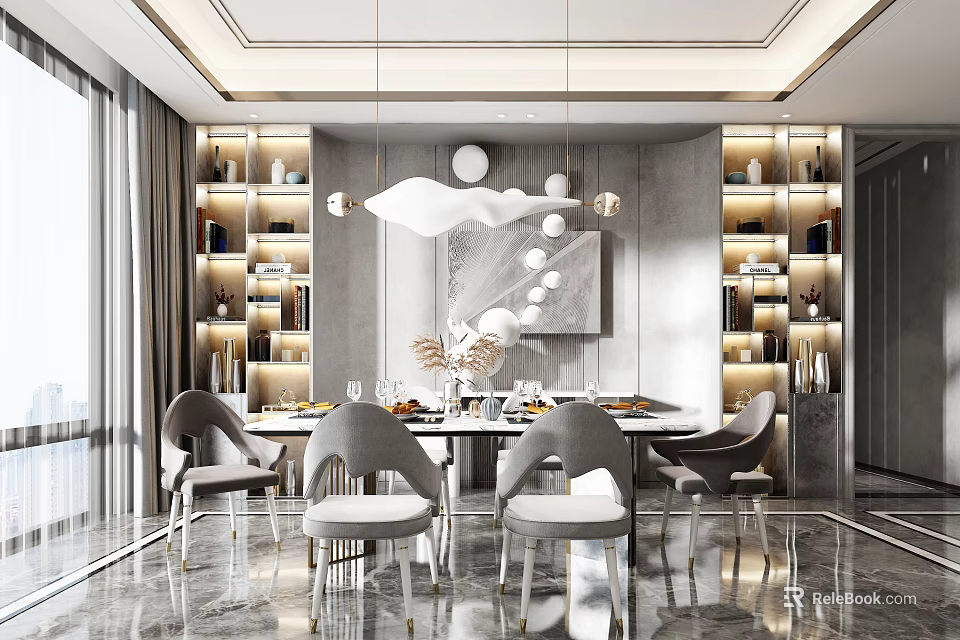 Luxury Modern Restaurant Dining Area With Round Table Gray Chairs And Hanging Lights 3d model 