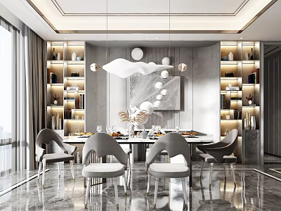 Luxury Modern Restaurant Dining Area With Round Table Gray Chairs And Hanging Lights 3d model