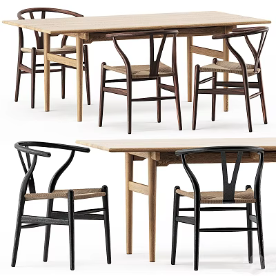 Modern Wooden Dining Table Set With Black And Natural Chairs Featuring Wicker Seats 3d model