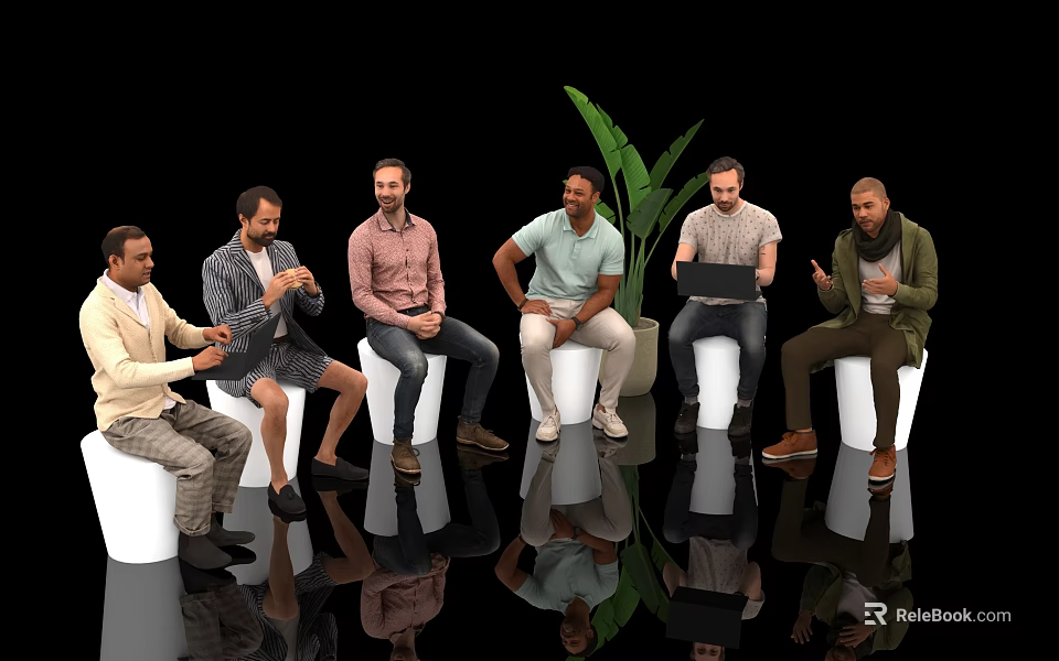 Six Men Interacting on White Cylindrical Stools With Black Background Green Plant Laptop and Reflections 3d model 