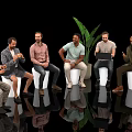 Six Men Interacting on White Cylindrical Stools With Black Background Green Plant Laptop and Reflections